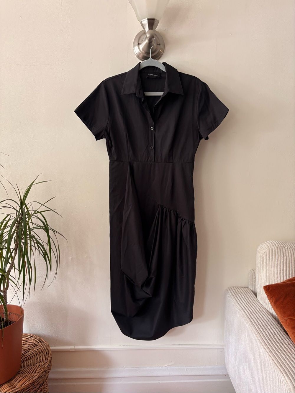 Calvin Tran Designer Black Abstract Print Dress Collared Short Sleeve Dress